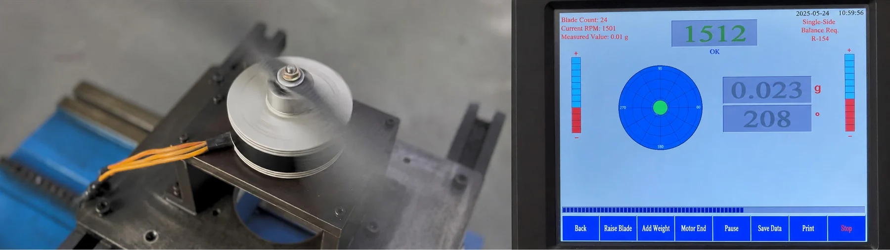 A propeller blade on the balancing machine with the measurement readings on screen